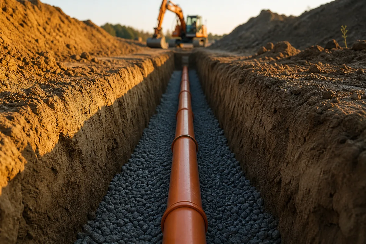 Tranchée ouverte avec canalisation d’assainissement en PVC posée sur lit de gravier