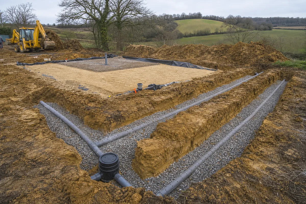 Épandage souterrain et filtre à sable en cours d’installation sur un sol argileux du Lot-et-Garonne