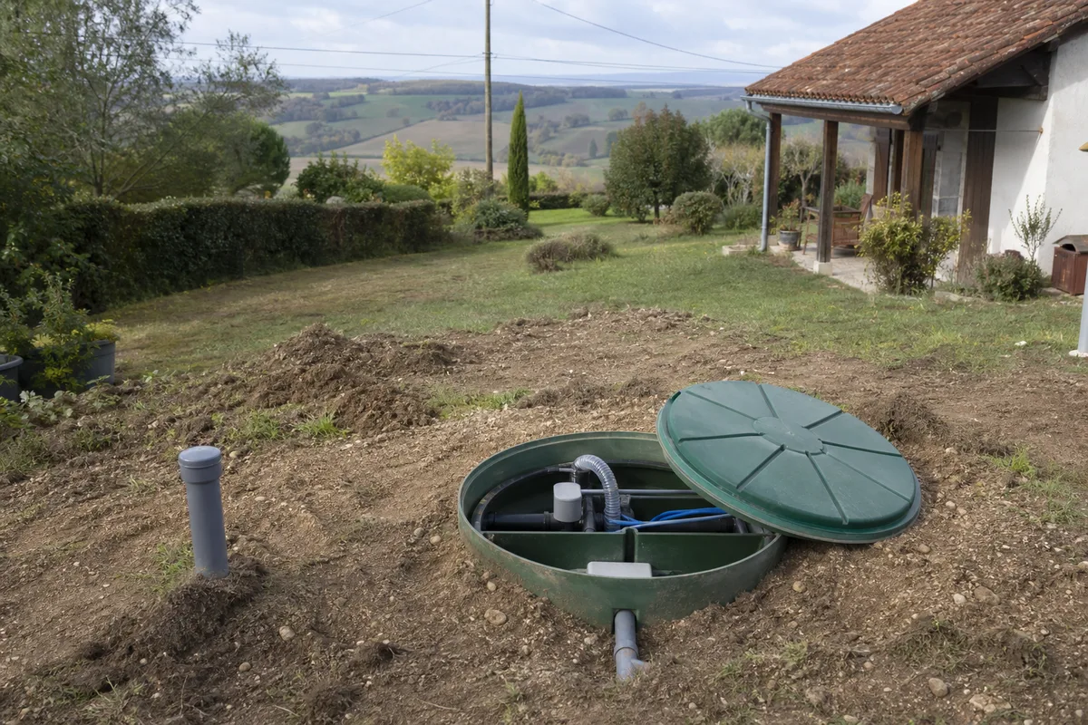 Micro-station d’épuration compacte installée près d’une maison en zone rurale de l’Agenais