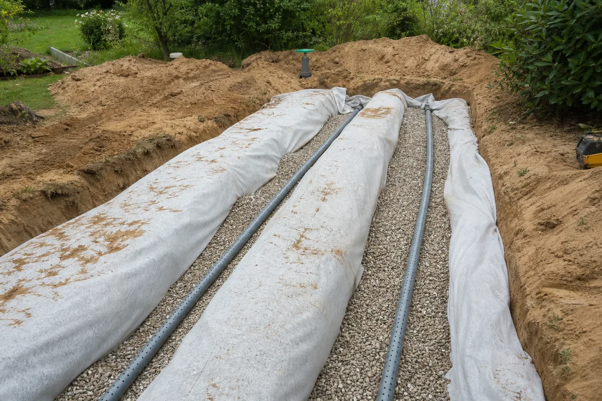 Tranchées d’épandage souterrain d’une fosse toutes eaux avec drains et graviers dans un jardin