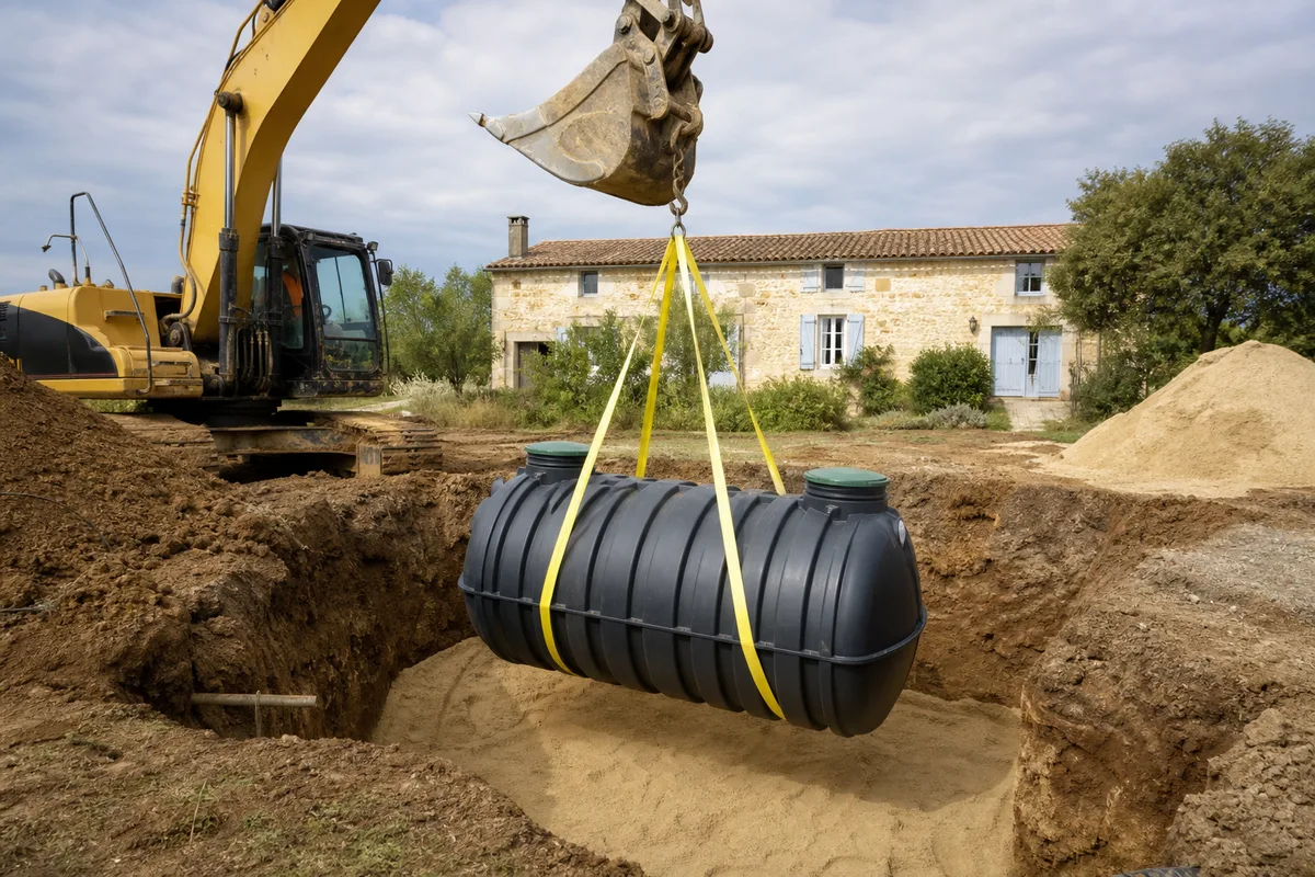 Pose d’une cuve de fosse toutes eaux en béton dans une fouille terrassée